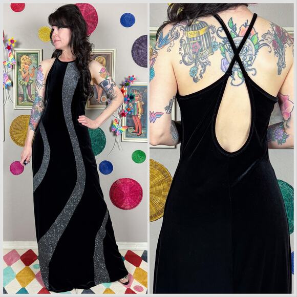 Vintage 1990s Black Stretch Velvet Silver Glitter Halter Dress - Picture 1 of 8
